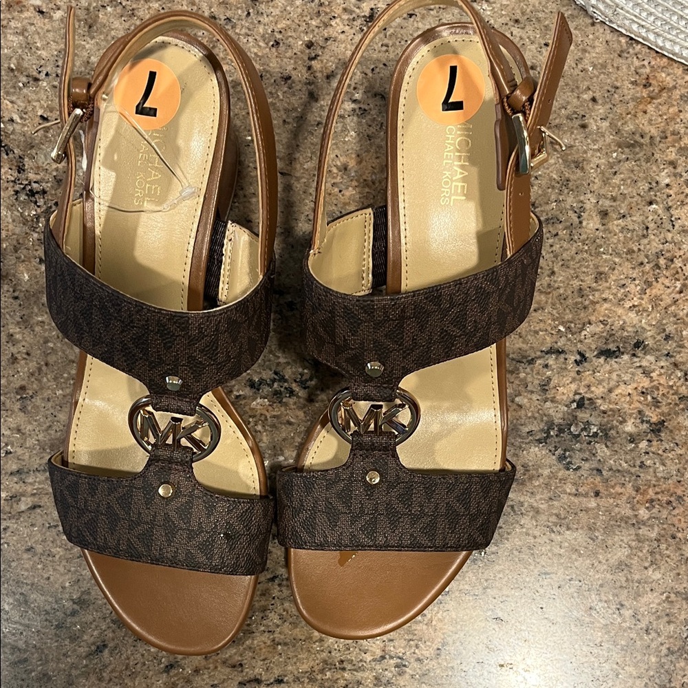 Michael Kors Brown Logo-Print MK Medallion Sandals